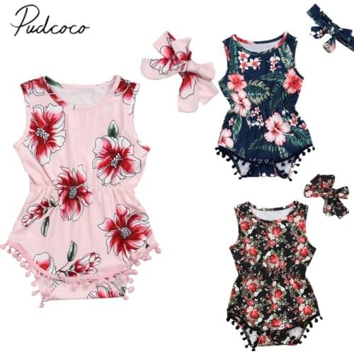 Infant Newborn Baby Girls Sleeveless Bodysuits Tassels Balls Jumpsuits Floral Playsuits +Headband