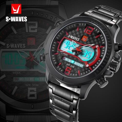 SWAVES Brand Dual Display Watch Quartz Men Waches Sport Waterproof LCD Digital Wristwatches Leather Band Clock Relogio Masculino