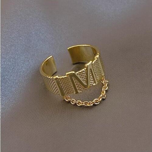 Design Sense Fashion Gold M Letter Chain Opening Rings For Woman Korean Gothic Jewelry Party Girls Unusual Student Ring Set