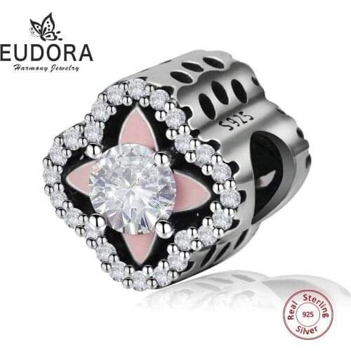 EUDORA New 925 Sterling Silver Cubic Zirconia Magnolia Flower Charms Bead for Charm Bracelet Women Beads DIY Jewelry Making Z43
