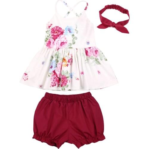 Flofallzique Girl Suit Floral Sling Top And Solid Short With Headband Sweet Kid Baby Clothes for Outdoor Leisure