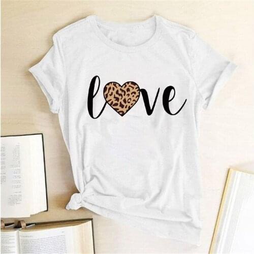 Womens T-shirt Harajuku O-Neck Tee Leopard Heart Print Love T-shirt Ladies Short Sleeve Cute T-shirt Valentines Top