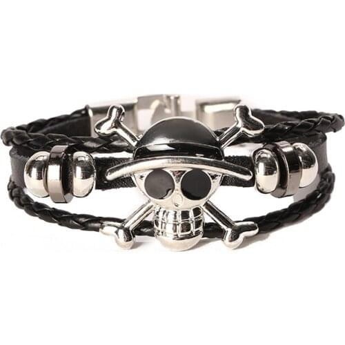 JUNWEI New Fashion Mens Skull Woven Release Buckle Leather Bracelet Multi-Layer Jewelry