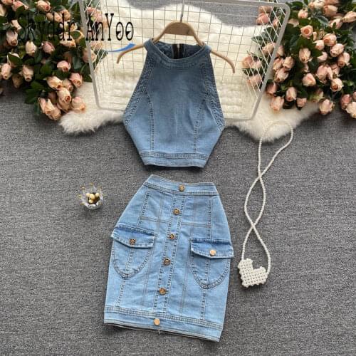 Two Piece Set Womens Summer Denim Skirts Suit Cropped Halter Top And Mini Bodycon High Waist Skirt Sexy Sets