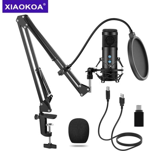 XIAOKOA USB Microphone Kit Condenser Professional Podcast Condenser Mic for PC Karaoke Youtube Studio Recording Mikrofon