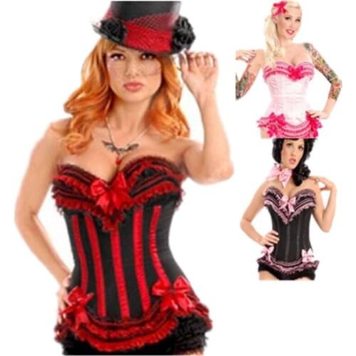Women Sexy Burlesque Corset Top Black Red Lacing-up Bustier Bowknots Ruffled Boned Overbust Corsets Dance Party Outfits