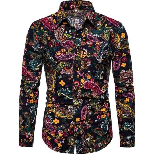 Mens Floral Cotton Fashion SlimShirt Men Long Sleeve Casual Button Collar Print Shirt