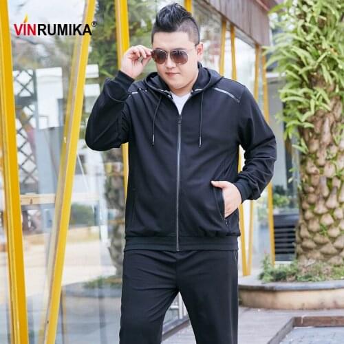 Mens Super Large Size L-9XL Gray Sportswear Set Spring Autumn Man Casual Sports V-neck Black Hooded Jacket Trousers 6XL 7XL 8XL