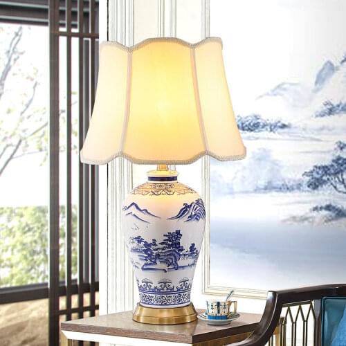 New Chinese Classic Modern Landscape Blue And White Porcelain Ceramic Table Lamp For Living Room Study Room Decor Bedside Light