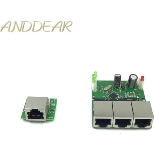 OEM factory direct mini fast 10 / 100mbps 3-port Ethernet network lan hub switch board two-layer pcb 3 rj45 5v 12v head port