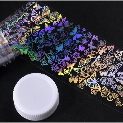 4*100cm/Roll Holographic Nail Art Sticker Flower Butterfly Designer Nail Foil Transfer Water Slide Nail Decals Decorations