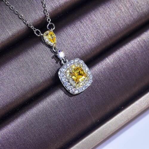 QTT Womens High Grade Chain 925 Silver Yellow Square Necklace Luxury Pink Crystal Full Diamond Pendant Engagement Party