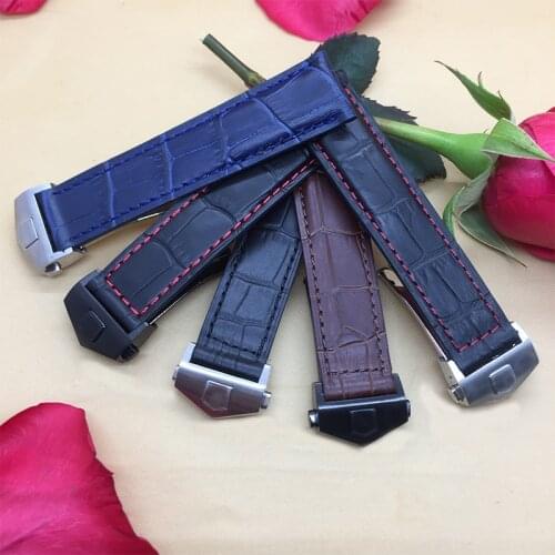 Quality genuine leather watch band 19mm 20mm 22mm black watch accessories bracelet with folding buckle