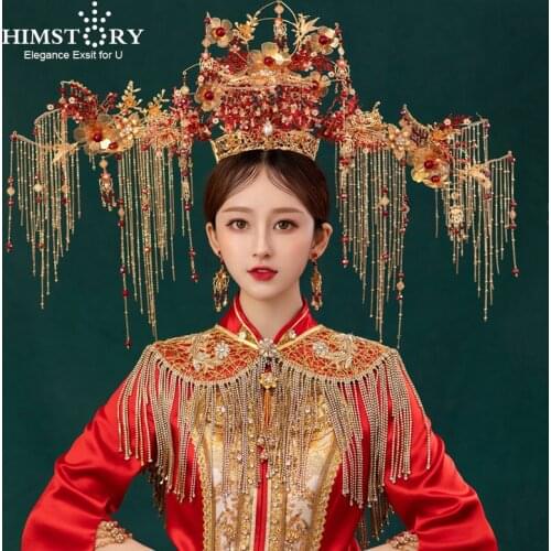 HIMSTORY Gorgeous Chinese Phoenix Bridal Crown Red Crystal Empress Princess Headband Stage Performance Wedding Party Accessories