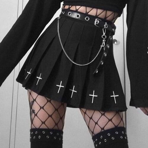 S-2XL Gothic Punk Summer Women Skirt 2021 High Waist Stitching Student Pleated Skirts Women Cross Pattern Girls Dance Mini Skirt