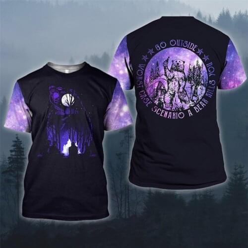 Purple forest graffiti beer bear print stitching design short-sleeved T-shirts