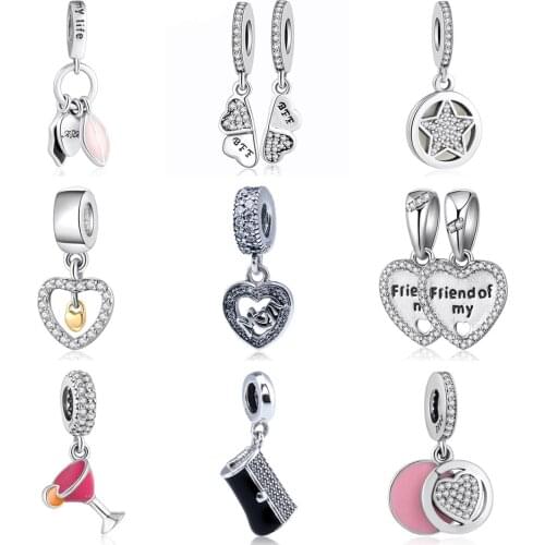 S925 Pendant Best Friend Forever Cocktail Devoted Love Heart Handbag Couple Mom Dangle Charm fit Lady Bracelets