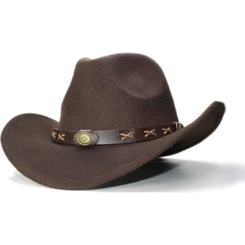 Vintage Kid Child 100% Wool Wide Brim Cowboy Western Cowgirl Bowler Hat Fedora Cap Coffee Alloy Bead Leather Band 54cm/Adjust