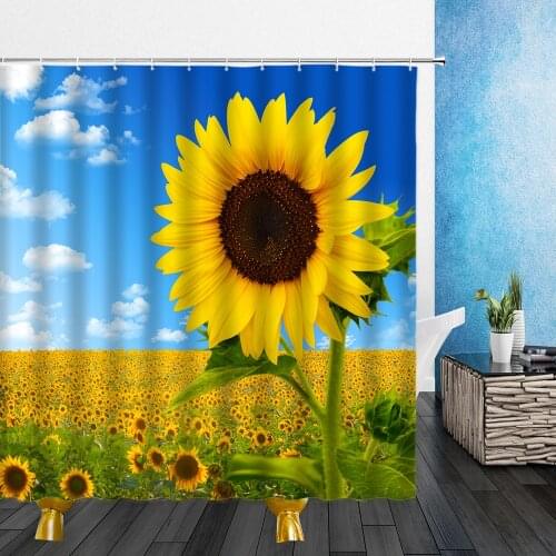 Flowers Shower Curtains Summer Yellow Sunflower Plant 3D Print Waterproof Polyester Cloth Bathroom Decor Curtains With Hooks
