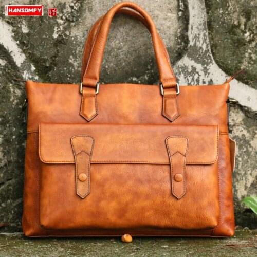 New Vegetable Tanned Leather Handbag Men Briefcase 15.6 Inch Laptop Bag Cowhide Mens Shoulder Messenger Bags Schoolbag Male