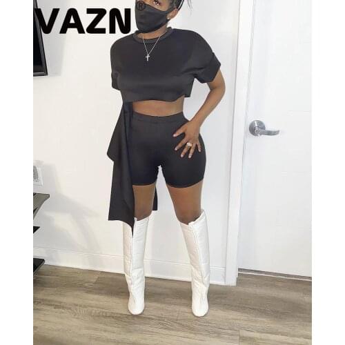 VAZN 2020 Summer New Novelty Sweet Young Sexy Soft Solid 2 Color Fashon Short Sleeve Group Short Pants Slim Women 2 Piece Set