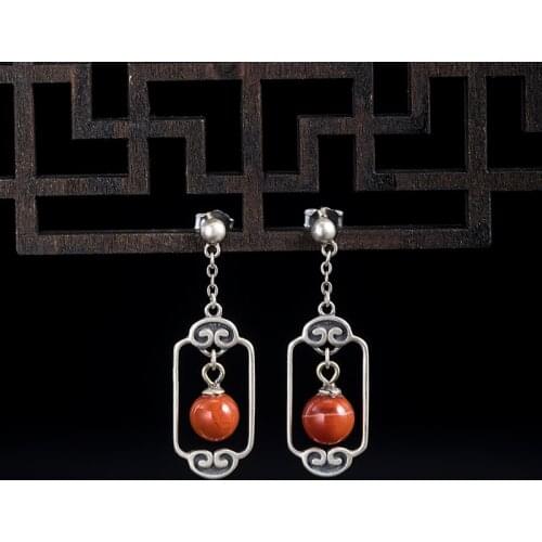 VLA 925 Silver Retro South Red Agate Earrings Womens National Style Personalized Lantern Earrings Fashion Trendy Jewelry