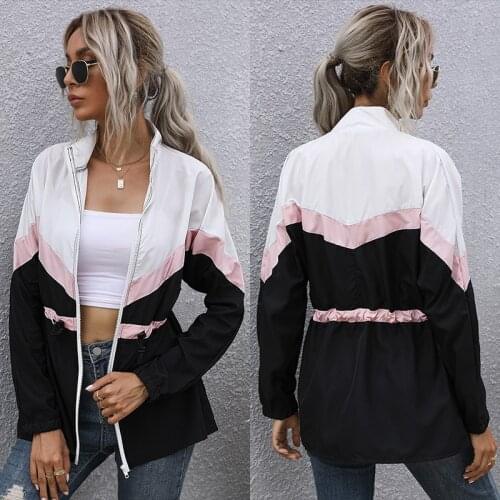 2021 Spring and Autumn New Stand Collar & White Stitching European and American Zipper Lazy Style Sweatshirt Coat for Women