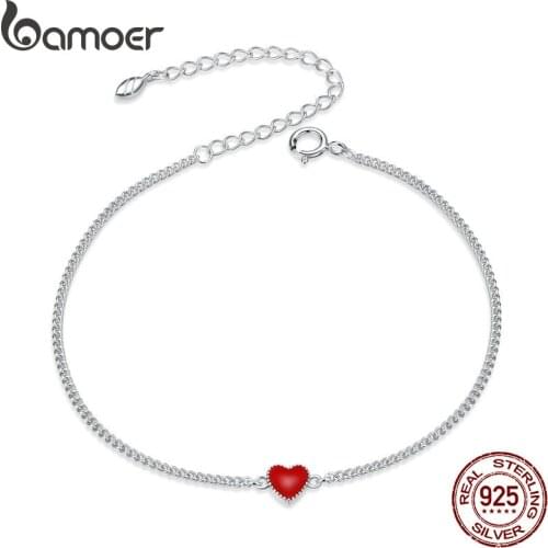 Bamoer Authentic 925 Sterling Silver Simple Minimalist Red Heart Chain Bracelet for Women Enamel Statement Fine Jewelry SCB182