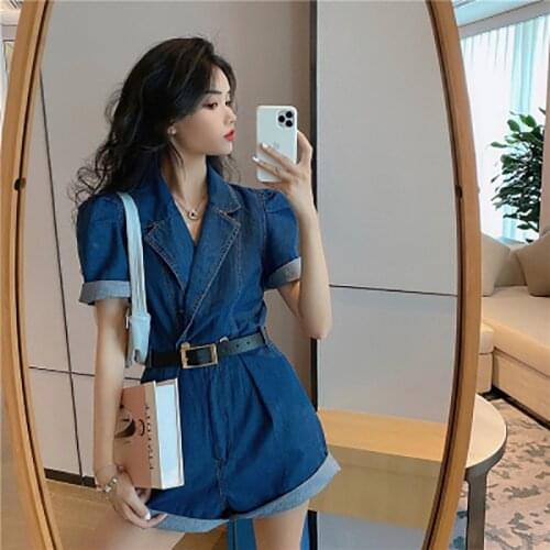 2020 New Summer Jumpsuits Women Temperament Tall Waist Jumpsuit Loose Skinny Wide-leg Shorts Casual Blue Jeans Collect Waist