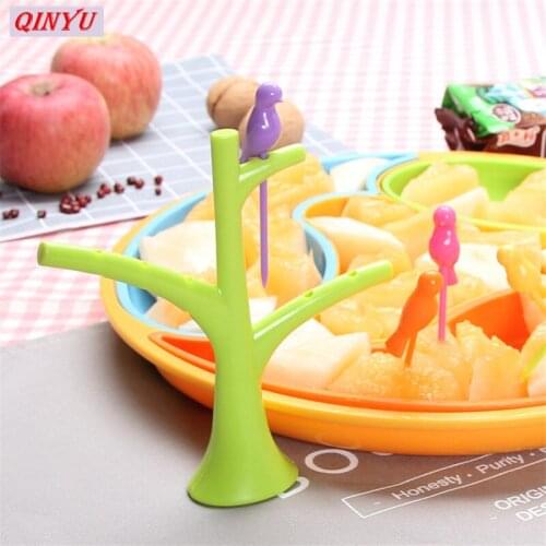 1 Stand+6 Forks Toothpick Fruit Tool Bird Tree Birdie Fruit Fork Tableware Dinnerware Set Kitchen Gadget Party supplies 8Z