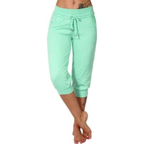 2021 Summer Capris Pants Plus Size Women Casual Solid Color Low Rise Drawstring Pockets Sports Fitness Gym Capri Pants Trousers