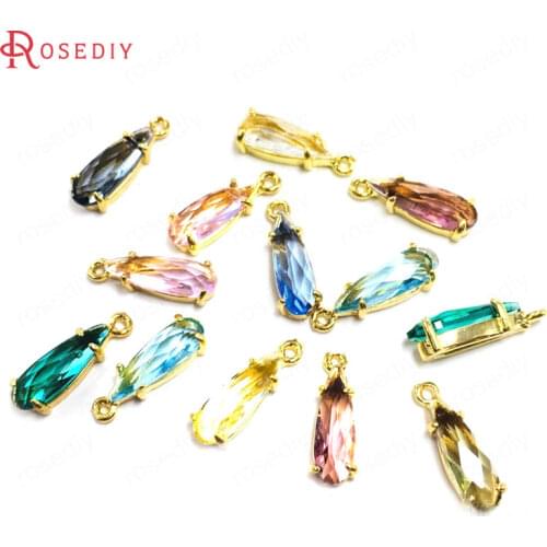 38754)10PCS 4.5x14MM 24K Champagne Gold Color Brass and Glass Drop Shape Charms Pendants Jewelry Making Diy Accessories
