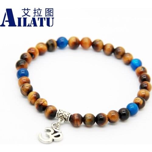 Ailatu Wrap 6mm High Quality Natural Tiger Eye Stone Beads OM Yoga Fashion Bracelet
