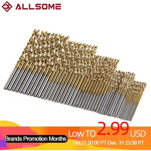 ALLSOME 50PCS 1/1.5/2/2.5/3mm HSS Titanium Coated Twist Drill Bits High Speed Steel Drill Bit Set HT2392