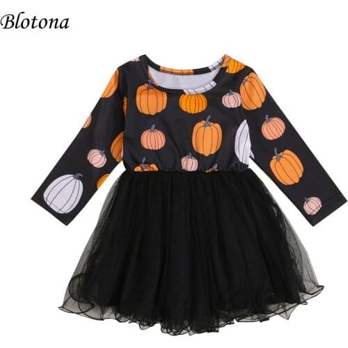 Blotona NEW Kids Halloween Dress, Cartoon Pumpkin Print Round Neck Long Sleeve Tutu Skirt for Summer Fall, 6 Month-4 Years