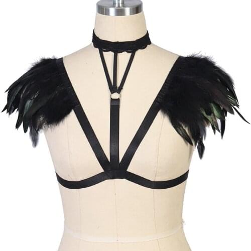 Fashion Feather Goth Body Harness Cage Bra Burningman Festival Feather Wing Pole Dance Rave Sexy Lingerie Bondage Harness Bra