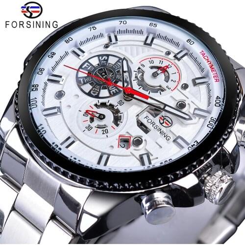 Forsining White Automatic Mens Watches Calendar Date Relogio Masculino Luminous Stainless Steel Band Mechanical Sport Wristwatch