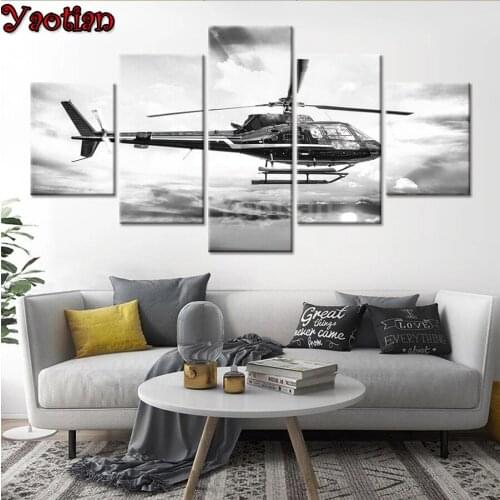 5 Panel Airplane Scenery Diamond Painting Diy Full Square Round Drill Diamond Embroidery Mosaic Decor White and Black Art