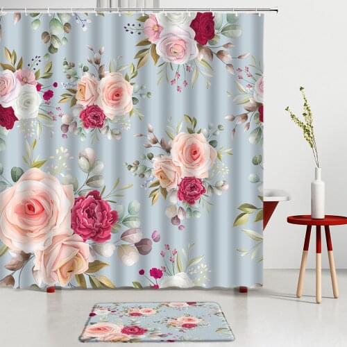 Pink Flowers Printing Bathroom Sets Shower Curtains Bath Mats Entrance Door Mat Kitchen Room Decoration Rugs Non-Slip Carpet