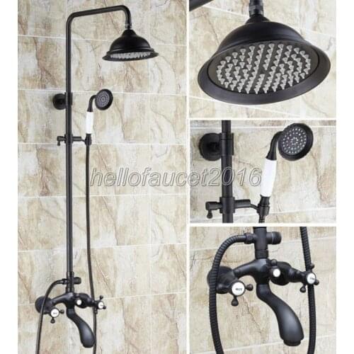 Rain Shower Faucet Set Black Oil Rubbed Bronze Wall Mounted Bathroom Tub Mixer Tap with Ceramic Handheld Shower Spray lhg114