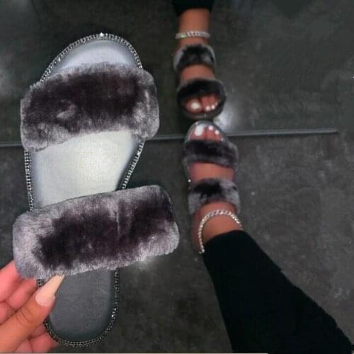 New 2020 autumn winter fox hair soft Double layer smooth flat rhinestone casual all-match our slippers outdoor women sandals