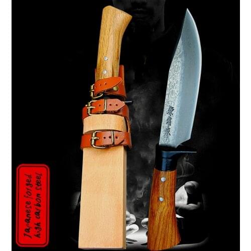 DEHONG hand forged hunting straight knife 59-60hrc Damascus grain outdoor camping sharp tactical knife + raw wood scabbard