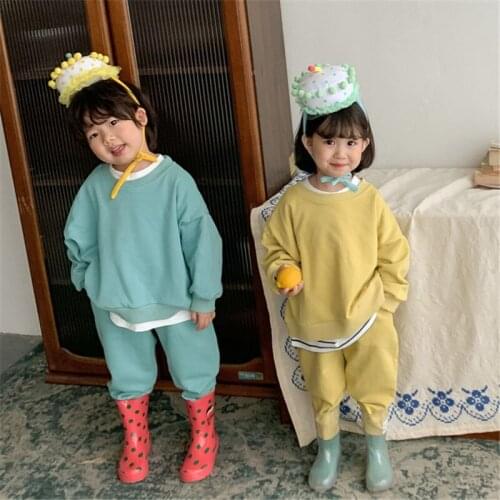 Fashion Spring Summer Solid Color Teens Children Clothes Baby Girls Suit Pajamas Cotton Tops + Pants Kids Toddler Outwear