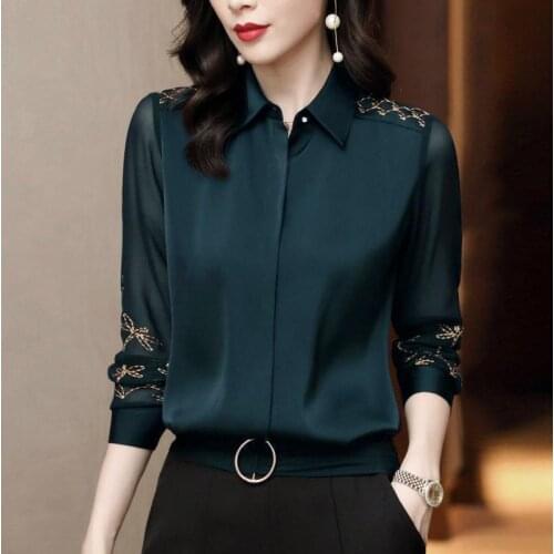 Spring Autumn Chiffon Blouses Shirts Women Lady Embroidery Long Sleeve Turn-Down Collar Lace Decor Blusas Tops