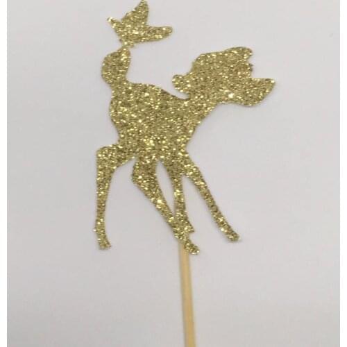 Cupcake toppers, baby shower, cute deer and butterfly, gold silver glitter