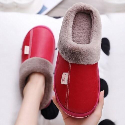 PU Waterproof Slippers Women Men Winter Plush Keep Warm Flat Home Shoes Woman Soft Comfort Female Shoes Sewing Interior Slipper