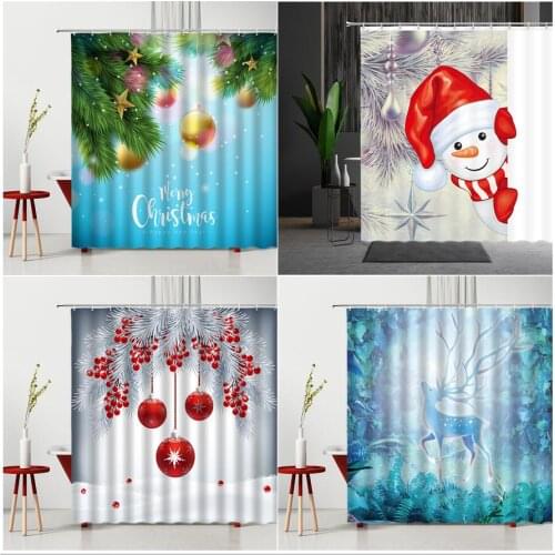 Dreamy Christmas Ball Elk Shower Curtain Funny Snowman Pine Forest Animal Polyester Bathroom Decor Washable Bath Cloth Curtains