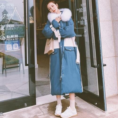 Womens Parker Cotton Jacket Winter Long 2021 New Korean Loose Color Matching Hooded Big Fur Collar Tooling Thick Coat Female 1T