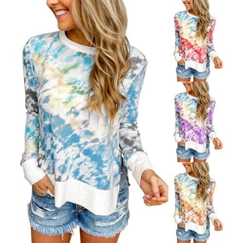 Women Casual Leisure Long Sleeve Tie Dye Slitting Irregular Hem Sports Blouse Sweatshirt Pullover Tops
