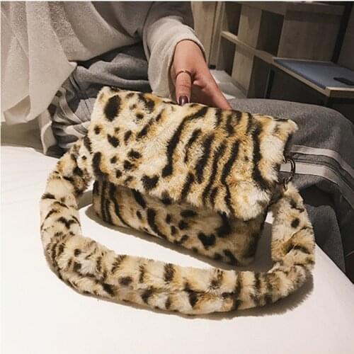 Women Bag Winter Faux Fur Shoulder Bag Handbag Lady Leopard Print Handbag Female Party Small Girls Tote Bag Christmas Gift